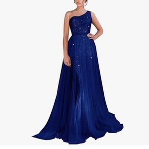Women's One Shoulder Sequin Tulle Prom Dresses Long Ball Gown Sparkly Formal Eve